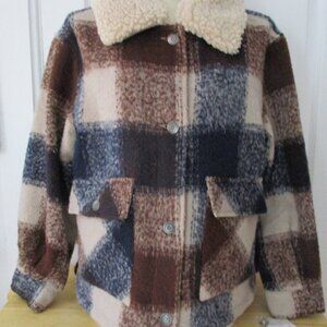 Women's Lucky Brand Coat Sherpa Collar Navy Blue Brown Plaid Jacket Size L NWT